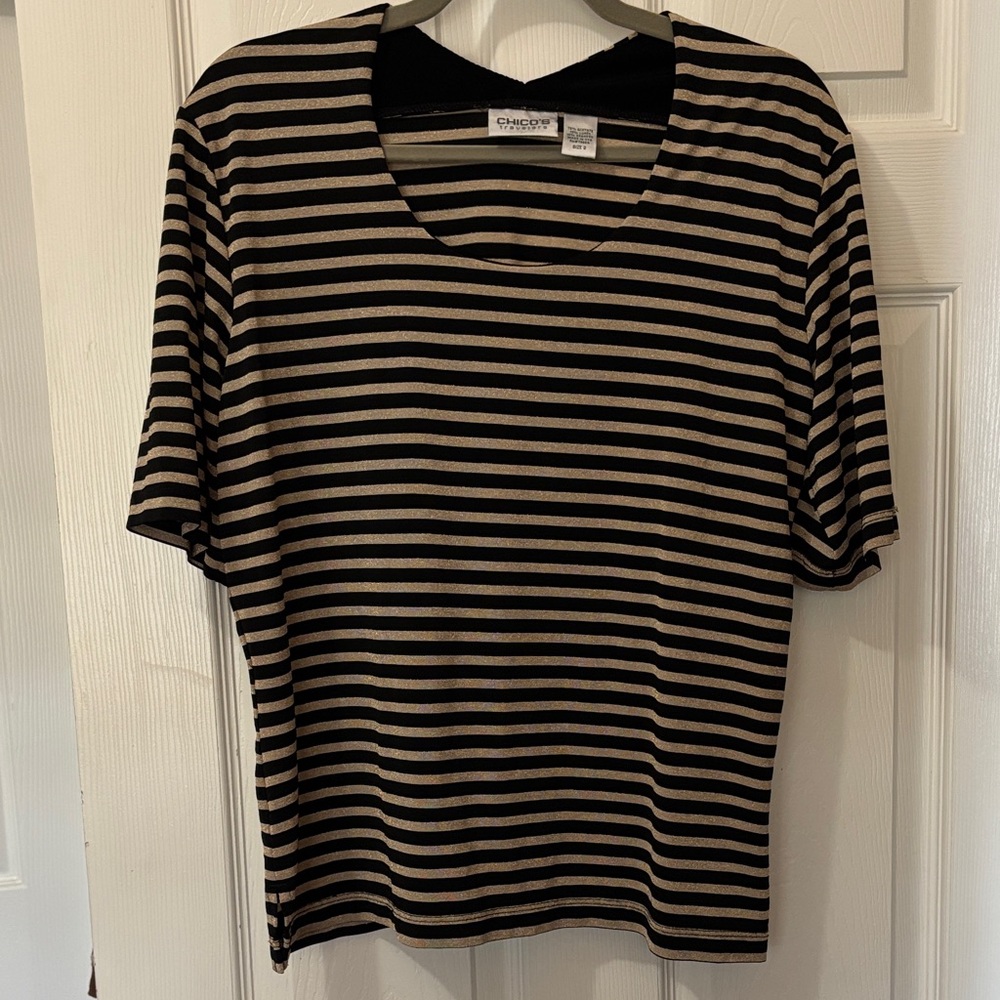 Chico's Striped Short Sleeve Tee with Lurex stripe size L